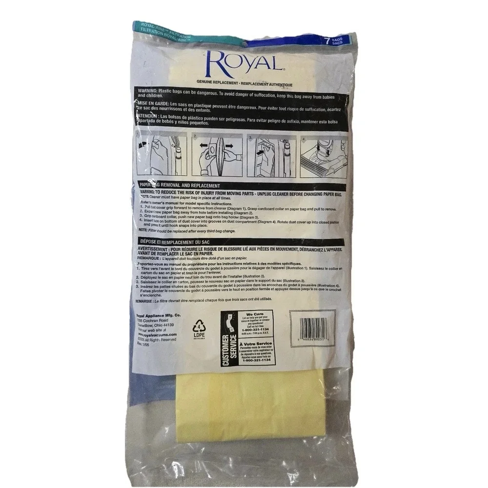 ROYAL AIRE TYPE T VACUUM BAGS 7‎ Pack Genuine 3-423002-001 Sealed NEW